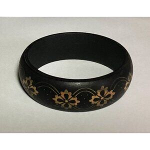 Hard Rubber Bangle Bracelet in Matte Black with Metallic Gold Floral Designs